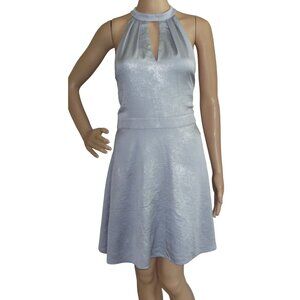 Express Dress Large Silver Gray Halter Fit Flare Sleeveless Pleated Keyhole Neck